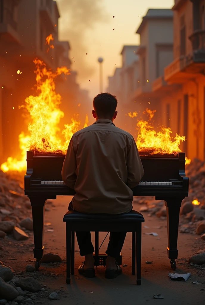 extreme long shot, a pianist with his back to the camera in the middle of a devastated street,lit by fire, playing a piano on fire, musical instruments catching fire around, a piano burning, sad eyes, dramatic eyes, Afghanistan war ambient, 14mm, highly detailed, pieces of paper burning falling through the air, realistic, explosions in background, depth of field, texture, ultra detailed clhothes and skin, cinematic, well lighting, canon photography, war photograpy, iconic, professional photography, award-winning photography, extreme wide shot, pieces of paper catching fire and falling around.