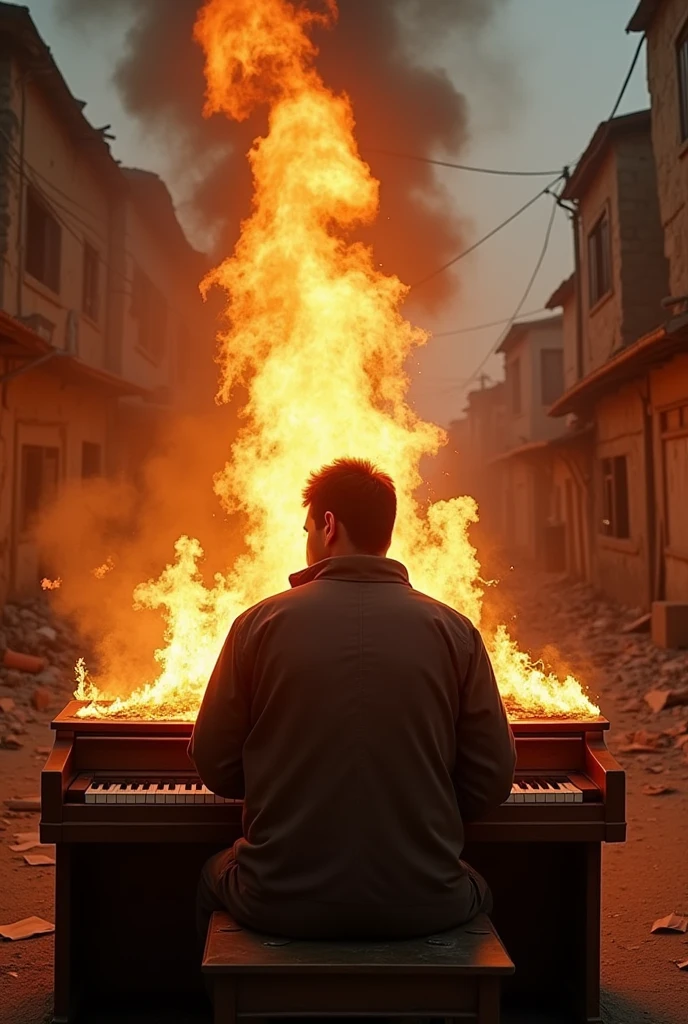 extreme long shot, a pianist with his back to the camera in the middle of a devastated street,lit by fire, playing a piano on fire, musical instruments catching fire around, a piano burning, sad eyes, dramatic eyes, Afghanistan war ambient, 14mm, highly detailed, pieces of paper burning falling through the air, realistic, explosions in background, depth of field, texture, ultra detailed clhothes and skin, cinematic, well lighting, canon photography, war photograpy, iconic, professional photography, award-winning photography, extreme wide shot, pieces of paper catching fire and falling around.