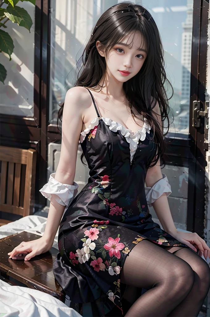 maid attire, black pantyhose, high heels, (best quality, masterpiece:1.2), tianfeng1, Extremely detailed, (Practical:1.37), beautiful, youth, Glamorous model, Warm colors, ((A full body perspective，Naturally bent knees，Skin is firm and smooth)), ((In the old-fashioned room，Sit on the edge of the bed，Lean back，Support your body with your elbows)), ((Elegant and natural posture)), (big eyes, Delicate eyes, Delicate lips, Delicate eyes), Available in white with floral pattern, Show a bright smile, fit, Full breasts, ((Big breasts)), Long legs, Create a stunning picture of a girl enjoying her sleep