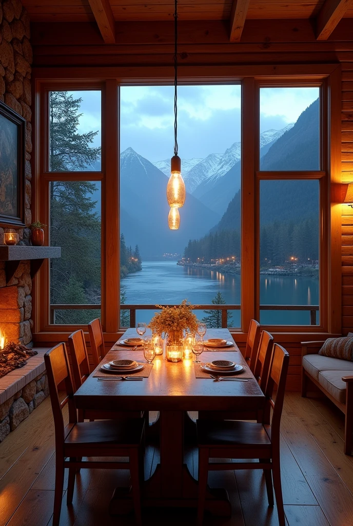 A dining room with a view of a river and a mountain landscape with wooden furniture, romantic with a fireplace and two huge windows to make a bigger picture, that the dining room can be seen more and with more romantic and cabin-like furniture on a rainy day and at sunset that the lights of a city can be seen in the distance between the mountains