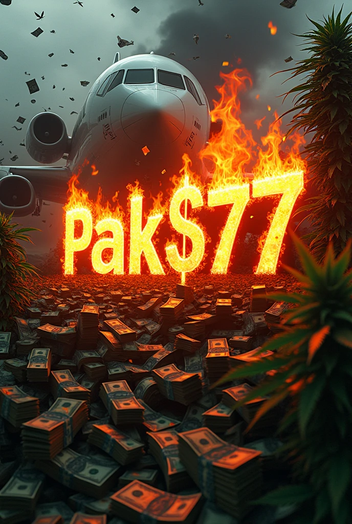 Logo Pak$777 on fire around a plane full of money and marijuana herbs raining money 