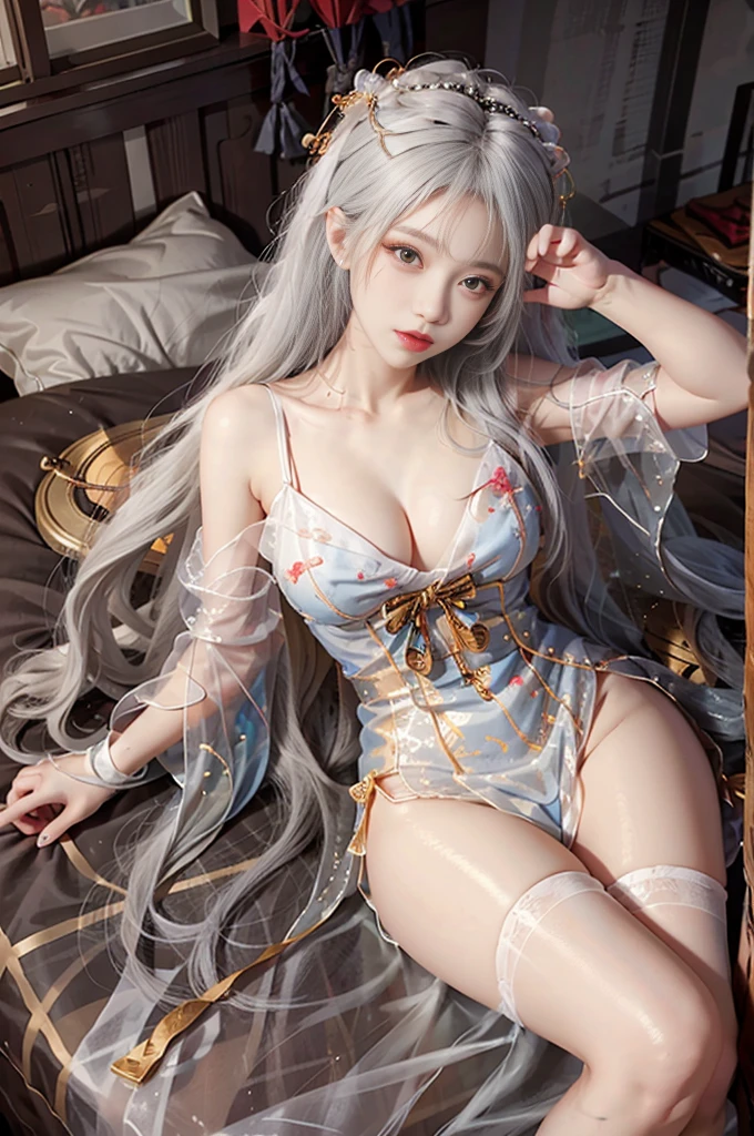 1girl,silver hair,japanese clothes,white thighhighs,detached sleeves, hair ornament, (best quality, masterpiece:1.2), tianfeng1, Extremely detailed, (Practical:1.37), beautiful, youth, Glamorous model, Warm colors, ((A full body perspective，Naturally bent knees，Skin is firm and smooth)), ((In the old-fashioned room，Sit on the edge of the bed，Lean back，Support your body with your elbows)), ((Elegant and natural posture)), (big eyes, Delicate eyes, Delicate lips, Delicate eyes), Available in white with floral pattern, Show a bright smile, fit, Full breasts, ((Big breasts)), Long legs, Create a stunning picture of a girl enjoying her sleep