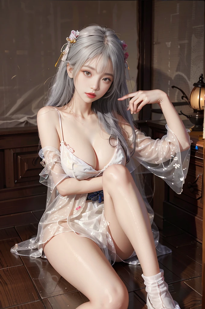 1girl,silver hair,japanese clothes,white thighhighs,detached sleeves, hair ornament, (best quality, masterpiece:1.2), tianfeng1, Extremely detailed, (Practical:1.37), beautiful, youth, Glamorous model, Warm colors, ((A full body perspective，Naturally bent knees，Skin is firm and smooth)), ((In the old-fashioned room，Sit on the edge of the bed，Lean back，Support your body with your elbows)), ((Elegant and natural posture)), (big eyes, Delicate eyes, Delicate lips, Delicate eyes), Available in white with floral pattern, Show a bright smile, fit, Full breasts, ((Big breasts)), Long legs, Create a stunning picture of a girl enjoying her sleep