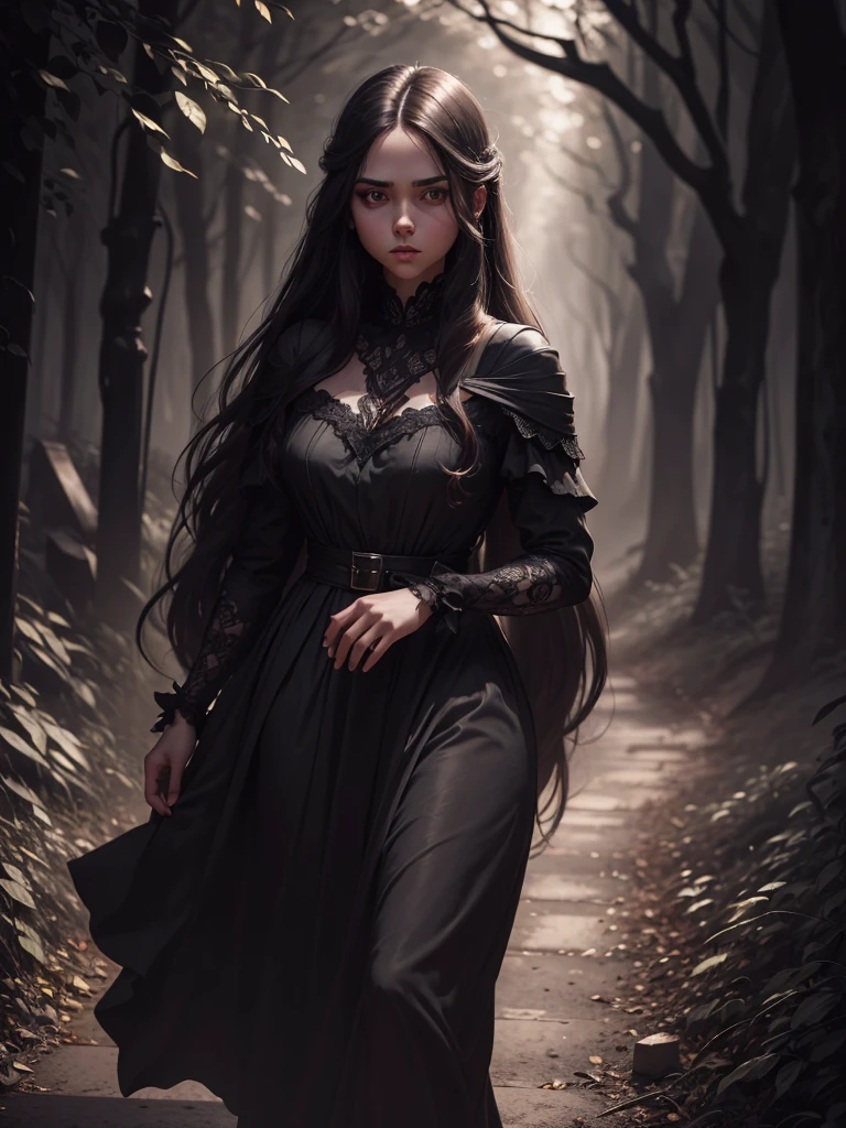 a young girl,walking on a dark path,detailed face, large eyes, full lips, beautiful skin, long hair, elegant dress, moody lighting, dramatic shadows, melancholy atmosphere, cinematic, chiaroscuro, muted colors, high contrast, digital painting, dark, shadow