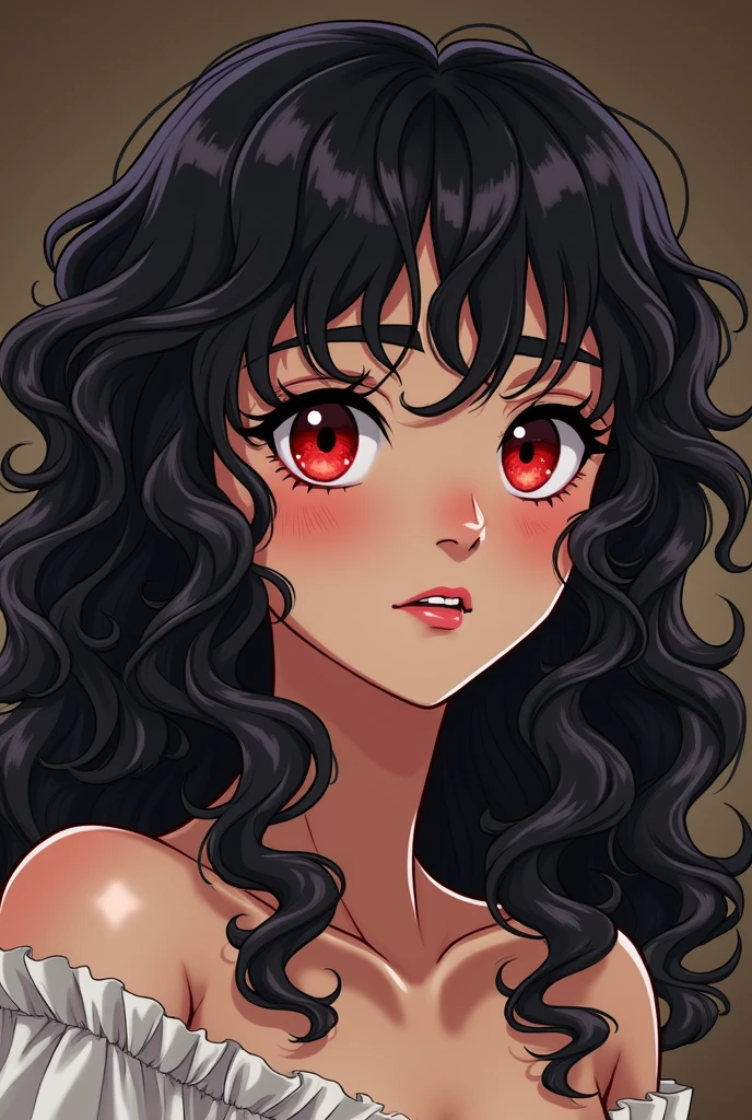 An egipcian woman of 23 years old, with curly hair and sadistic eyes
drawn in anime plis