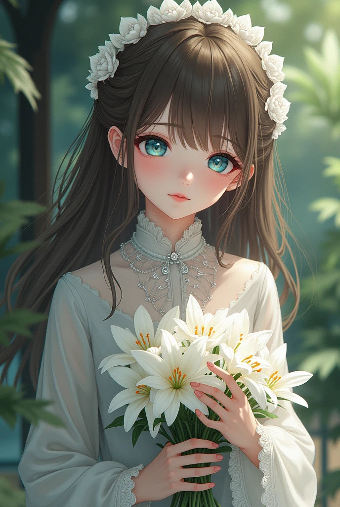 Girl, anime aristocracy, with brown hair, blue eyes, White skin, holding white flowers, with blood stains. 
