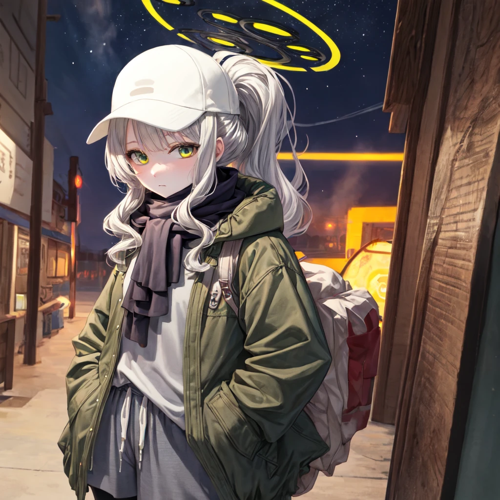 (masterpiece, best quality:1.2), solo, 1girl, harecamp, hands in pockets, expressionless, looking at viewer, ponytail, baseball cap, halo, jacket, long sleeves, shorts, pantyhose, black scarf 