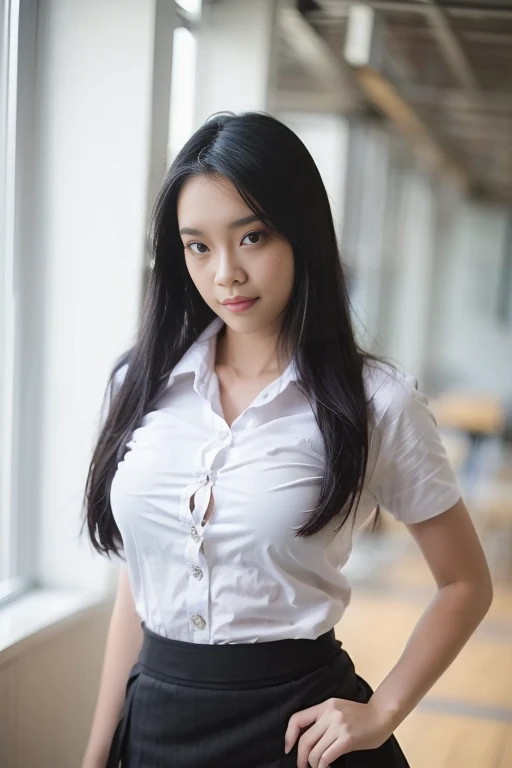 1 woman, full body, (((Beautiful young woman wearing a white short-sleeved shirt))), (((Wearing a short black A-line skirt:1.34))), (big breasts:1.3), Stand out in sexy poses.  There are several lecture tables at the back of the university classroom with sliding glass windows..  There is evening light shining into the room..