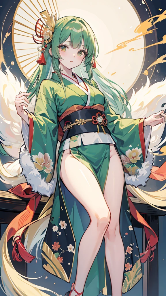 1 girl, solo, twintails, very long hair, 30yo, bright green hair, grey eyes, wearing an oversized japanese kimono, yukata, large breasts, bare shoulders, navel, exposed belly, smiling, enchanting_girl, (white_leg_fishnet:1.5), (oni_horns:1.1), japanese_kiseru, (wet_clothes:1.2), sitting, chair, pond, wet pavement, fumes_magic, perfect anatomy