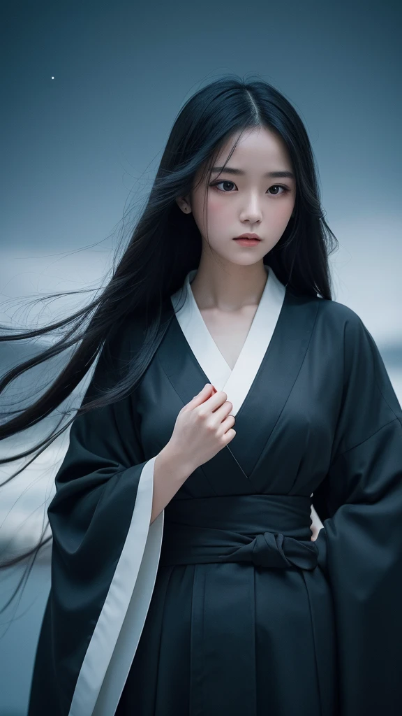 Delicate and dainty young woman with shiny long black hair . She is wearing symple kimono. The background is a fantastic and ethereal night sky that seems to be haunted by a specter. Her expression is stern and atmospheric. 