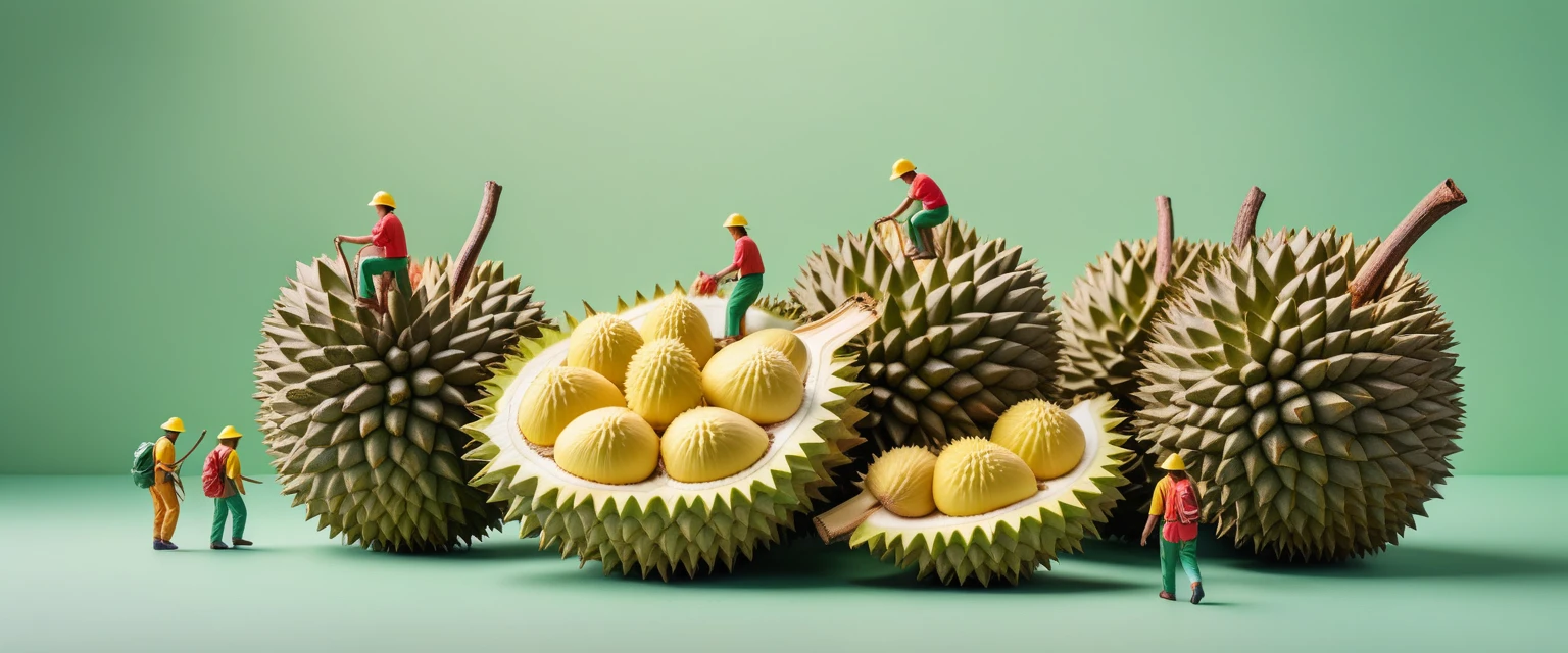 miniature food photography, A group of picking workers, hiking among giant Durian fruit, green background, soft color blending,in a surreal photography style, bright studio light, minimalist