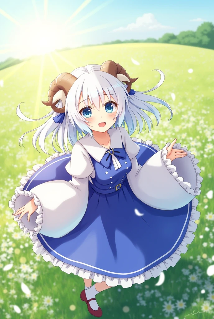 solo,outdoors,field,flowers,sunbeam,sheep girl,neck tuft,white hair,sheep horns,blue eyes,blue dress,frills,puffy sleeves,ribbons,bowtie,long hair,lens flare,from above,happy,wind,petals,mature female,milf