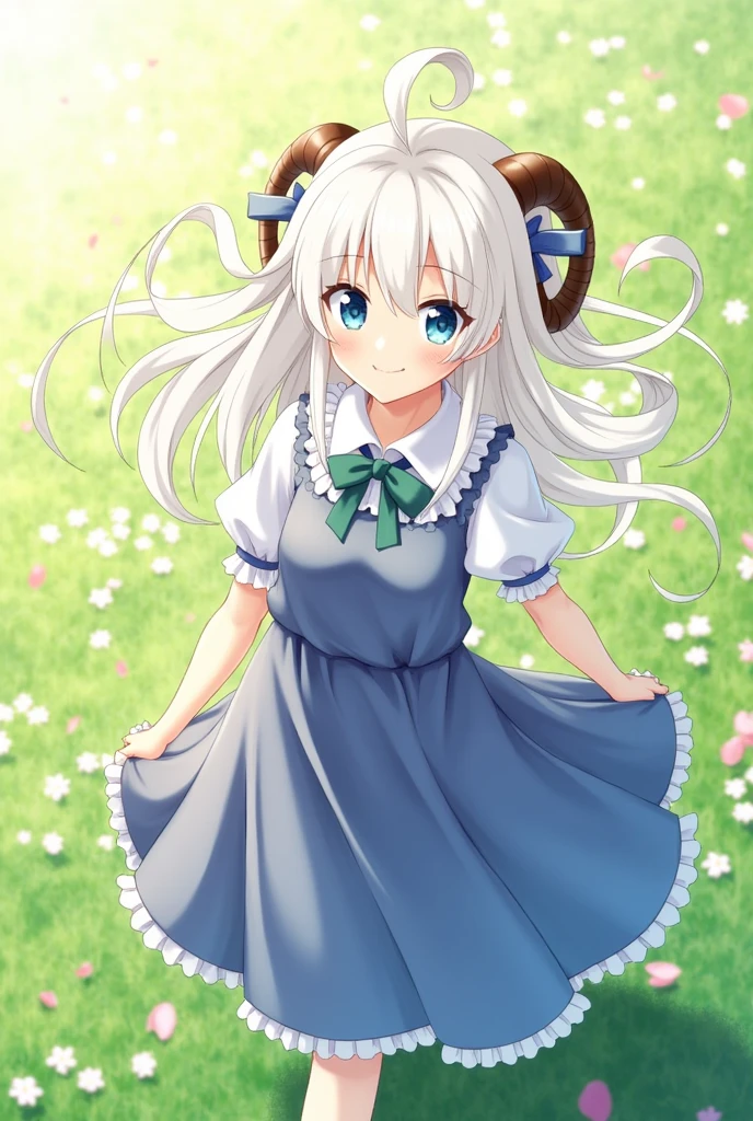 solo,outdoors,field,flowers,sunbeam,sheep girl,neck tuft,white hair,sheep horns,blue eyes,blue dress,frills,puffy sleeves,ribbons,bowtie,long hair,lens flare,from above,happy,wind,petals,mature female,milf