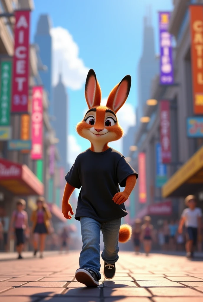 In Zootopia style The animal is a rabbit、The color is light brown、Clothes、A large black short-sleeved T-shirt tucked into his pants、My trousers were slightly loose jeans.、He is wearing black sneakers Walking in the city