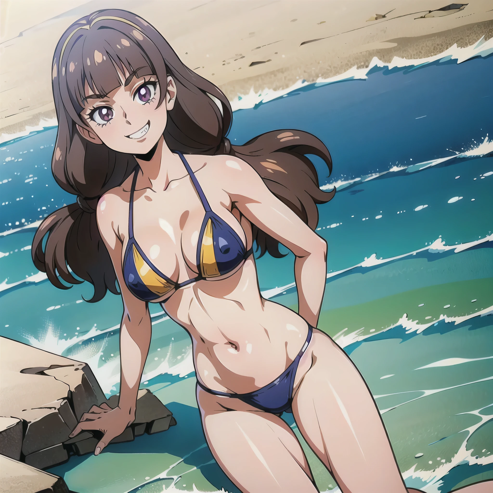 1 girl, (solo), ((amanogawaki)), best quality, highres, high quality, 8k, HD, super detail, ((anatomically correct)), UHD, accurate, (masterpiece:1.0), (high quality:1.0), (ultra detailed), ((Adult:1.2)), Looking at viewer, Smug grin, (Beach Background), Bikini