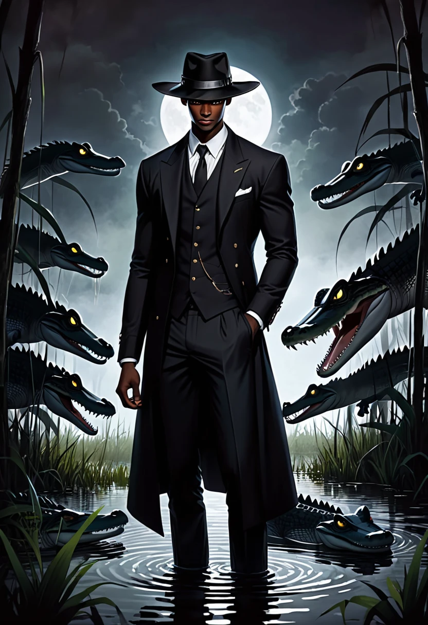 tall man in the swamp around alligators, stetson hat, piercing eyes, dark skin, handsome, night time, dark clothes