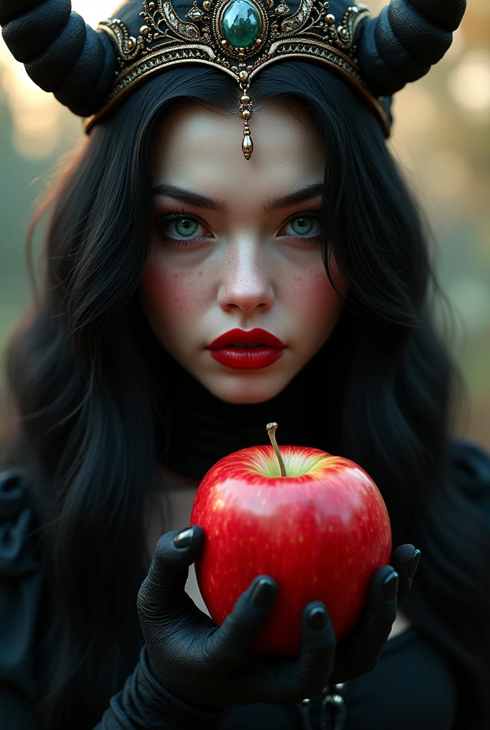 ((RAW Photo), absurd, (absurdresolution)), masterpiece, best quality, (Extremely detailed 8k unity CG wallpaper), (best illustration), (best shadow), Realistic lighting, beautiful detailed glow, ((21 years old)), girl, long black hair, black queen, accessories, apple in hand, poisoned apples, witch queen, red lipstick, (((Photographic Perspective of her)))
