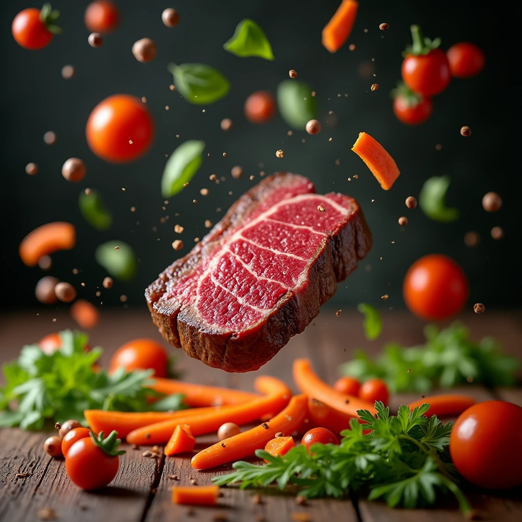 Japanese Kobe steak advertisement,The dynamic effect of the steak falling in the air,Steak thickness 1cm,Dynamic and bright colors,Decorated vegetables on the table,There are also scattered vegetables falling next to it.
