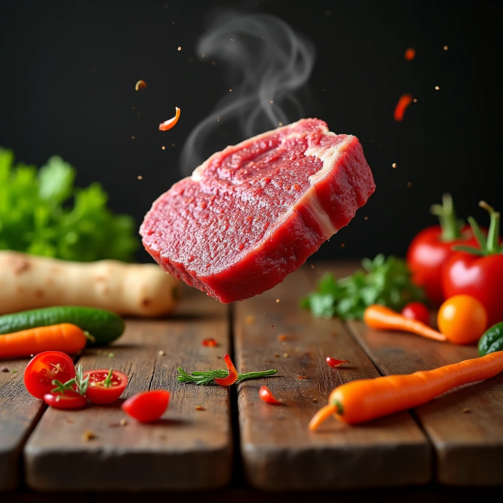 Japanese Kobe steak advertisement，The dynamic effect of the steak falling in the air，Steak thickness 1cm,Dynamic and bright colors，Decorated vegetables on the table，There are also scattered vegetables falling next to it.