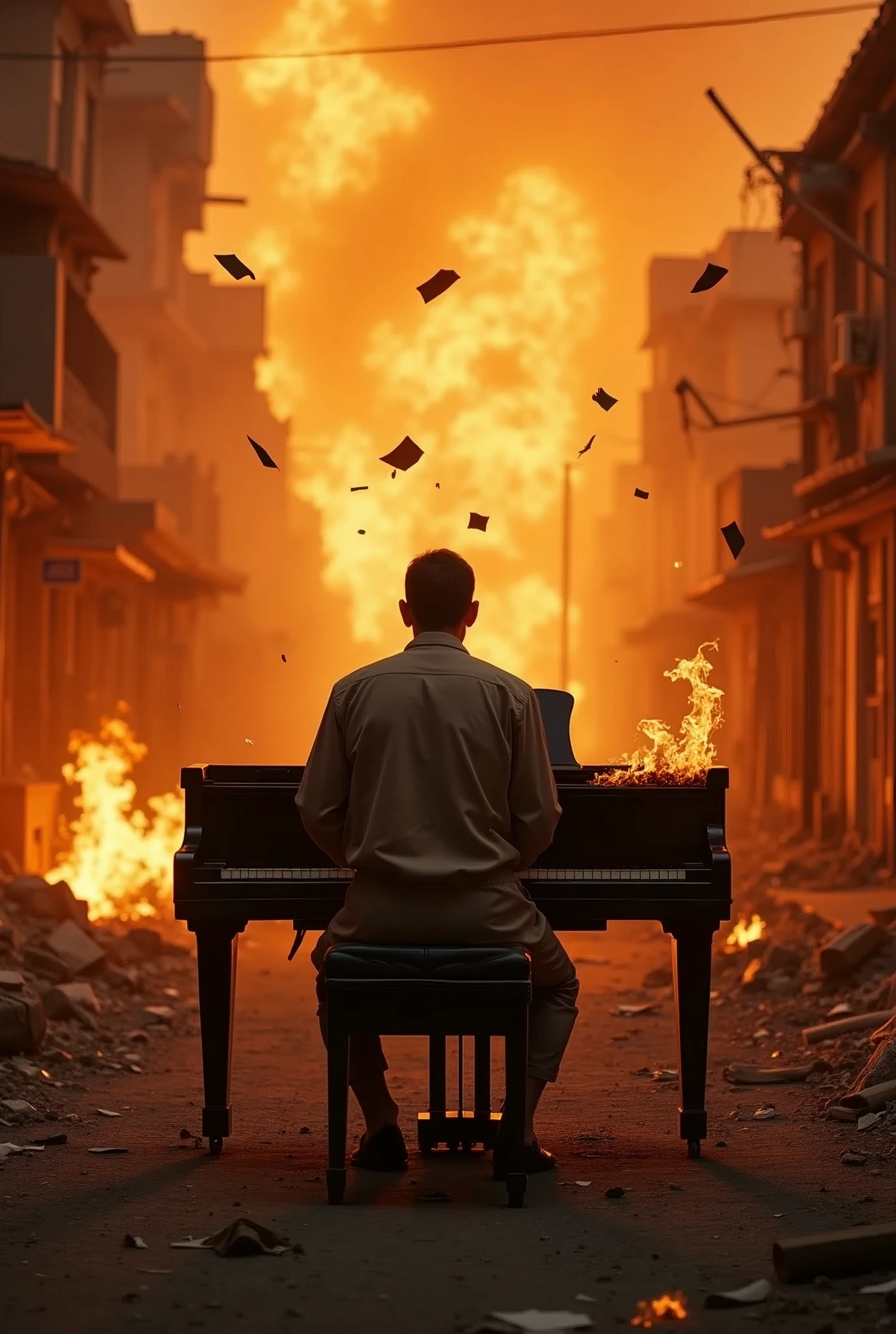extreme long shot, a pianist with his back to the camera in the middle of a devastated street,lit by fire, playing a piano on fire, musical instruments catching fire around, a piano burning, sad eyes, dramatic eyes, Afghanistan war ambient, 14mm, highly detailed, pieces of paper burning falling through the air, realistic, explosions in background, depth of field, texture, ultra detailed clhothes and skin, cinematic, well lighting, canon photography, war photograpy, iconic, professional photography, award-winning photography, extreme wide shot, pieces of paper catching fire and falling around.