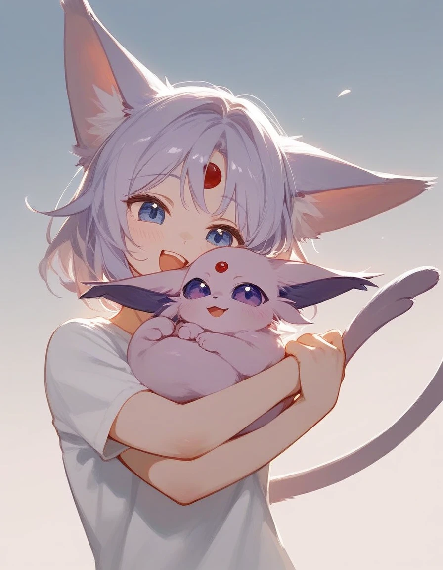 score_9,score_8_up,score_7_up, feral espeon, happy, carried in arms of a human.