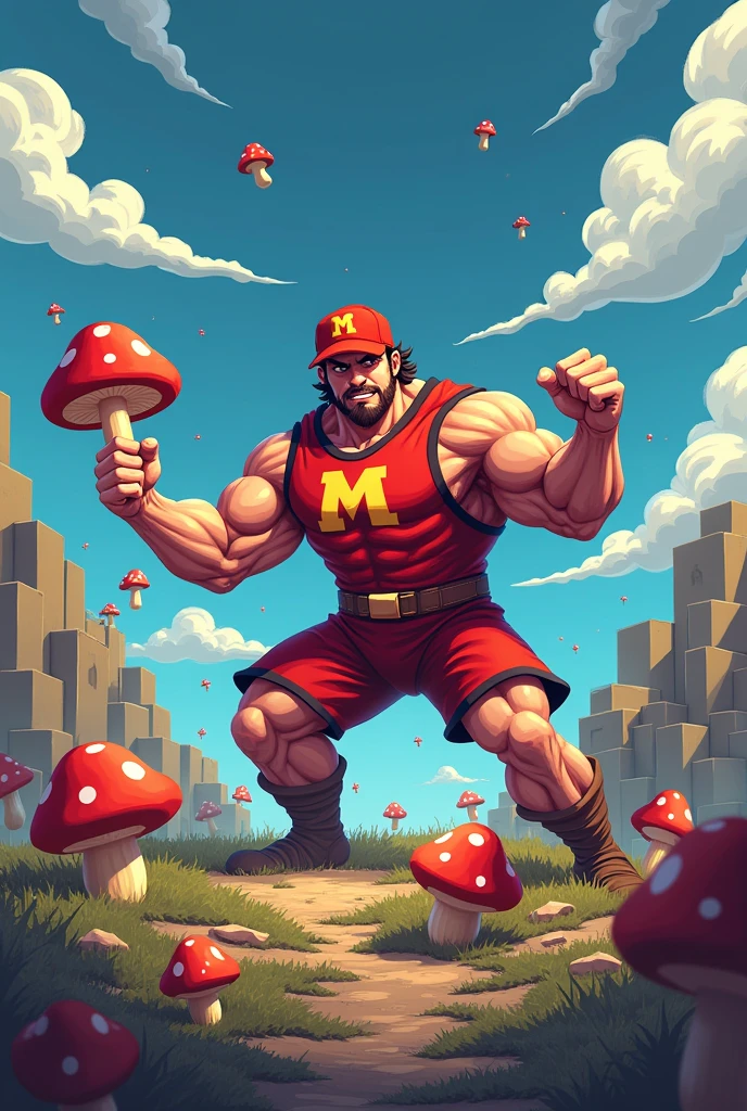 Red hat hero man with M on his hat breaks blocks with bare hands defeats the demon king and gets mushrooms