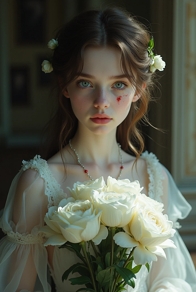 Aristocracy girl, with brown hair, blue eyes, White skin, holding white flowers, with blood stains, realist
