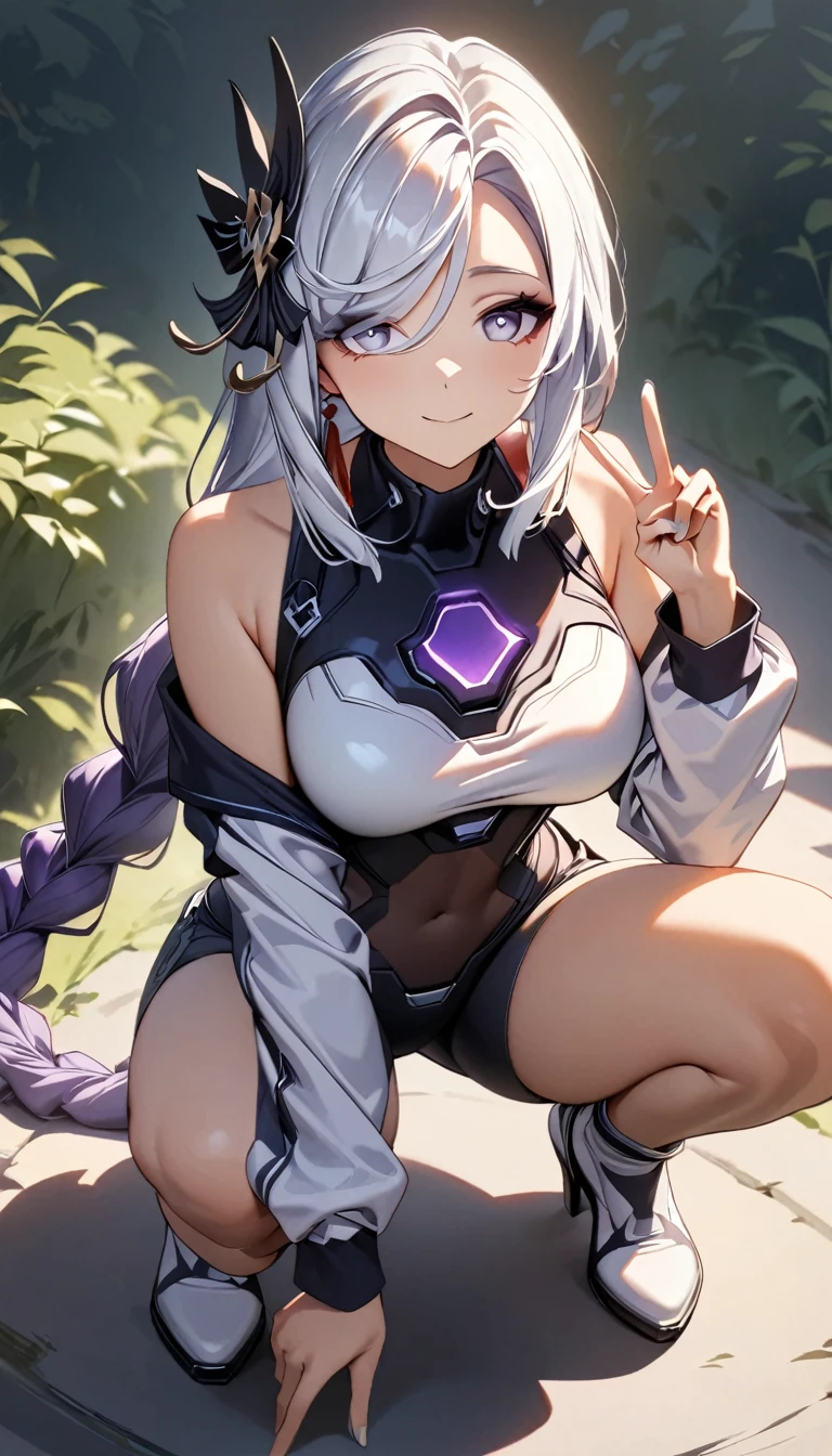 1girl, silver hair, purple eyes, cool outfit, from below, ((naked pussy)), (puddy), ((shy)), looking down