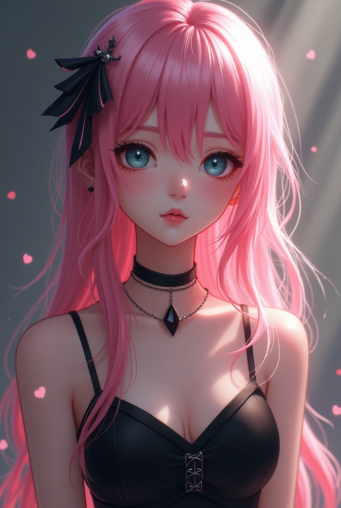 Ultra-high resolution, Clear face, （Reality： 1.4）, perfect lighting,(photorealistic), anime wallpaper, Guviz style artwork, fantasy to magic cover, beautiful artwork illustration, beautiful digital artwork, beautiful digital illustration , beautiful portraits, illustrations, delicate and beautiful, highly detailed, fine details, official art, highly detailed unity 8k CG wallpapers, highly detailed, high resolution, highly detailed, highly detailed eyes and faces, beautifully detailed eyes, cinematic lighting,1girl, solo, pink hair, hair ornament, blue eyes, black dress, standing, full body, indoor, simpel blackground, (Writing Mr,x:1.5),