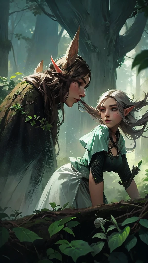 Female elf, long black hair, braided hair, brunette, round face, green and white clothes, in a forest, fantasy character