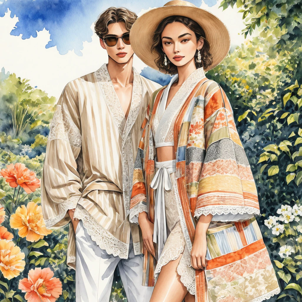 candid fashion illustration of young 2man and 1girl, aged 18-23 year old, tall and slender, Mixed race male super model, ((showcase fashion in a cotton outfits inspired by designer Christian Dior resort collection)), in elegant modern Trible style with ((ethnic woven details)), natural Earth tone color. The 1st man wears an oversized shirt with Trible embroidery and lace details, paired with slim-fit Pants, semi hard bugle. The 2nd man complements him in a white lace shirt and patchwork Yukata, paired with big striped Drawstring short, side entry pockets and completes the look with white sneakers, sunglasses. the woman wearing a dress in cotton woven, ethnic pattern detail, frill-trimmed with lace, Her ensemble includes an accessorizes with a wide-brimmed straw hat, white sneakers. Captured all in a ((full-body pose)), ((pencil color mixed with water-color drawing style on white paper)), realistic pencil lines, imperfect drawing, charcoal lines detail, fading sketch, fashion Sketching, fashion illustration, low angle view, (full body image)