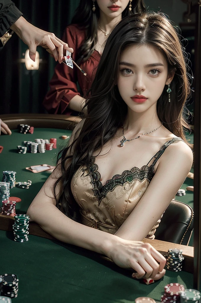 (((best quality))),(((ultra detailed))),(((masterpiece))),illustration,((1 beautiful girl,solo)),(shoulder-length straight bob:0.8),((earrings,necklace)),((slim,thin)),((small breasts,flat chest)),(sitting by the card table:1.3),(dark night scene:1.3), lamp, glow,fair skin,detailed eyes,(emerald green lace dress:1.3), black curves fabric, string, white pearls, sophistication, cherry red lips, (card game:1.3), (Poker cards are on the table:1.3),concentration, intensity,graceful, purposeful, calm, serenity, solitary, enchanting, elegance, atmospheric,captivating, mysterious, ambiance, alluring, enigmatic,((from front,upper body))