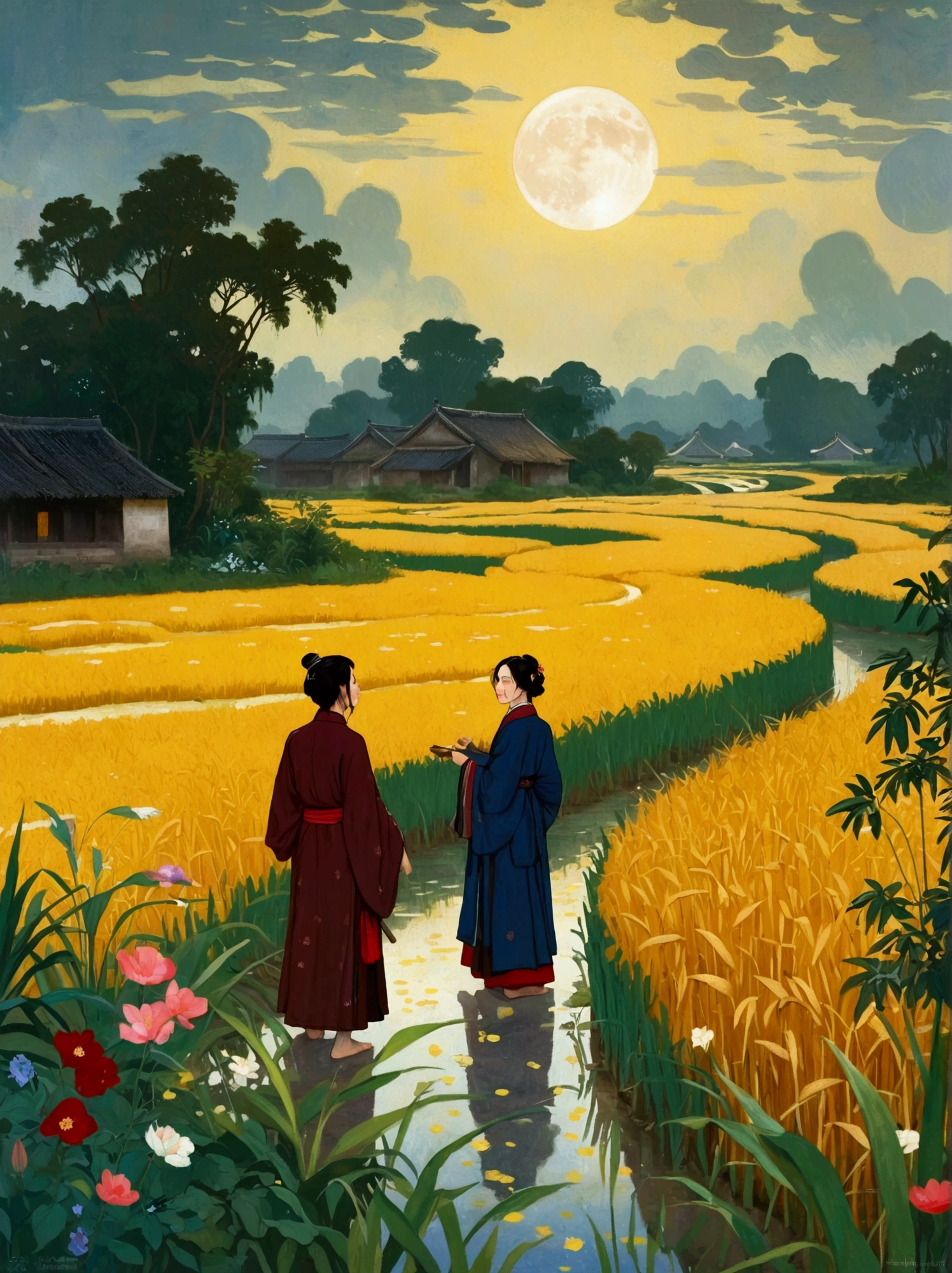 Canvas Illustration，Etienne Adolphe Piaud, Etienne Adolphe Piot，English Pre-Raphaelite painter，Pre-Raphaelite Brotherhood, ink style, masterpiece, Fantasy Garden，Aesthetic healing，moon，Star，Beautiful and poetic，Minimalism平面插画，Jiangnan countryside in summer，When you walk into this rice field，It&#39;s like being in a surreal dream。What unfolds before your eyes is a vast rice field，Golden rice swaying in the wind，The sun shines on it，Let the whole rice field shine with warm light。Rows of colorful wildflowers grow at the edge of a rice field，They sway gently in the breeze，Like dancing gracefully。Standing on the edge of a rice field，You can see flocks of birds singing happily in the wheat fields.，Their chirping blends in with the melodious sound of the wind in the rice fields.，It forms a wonderful natural symphony。Occasionally a bird flies up，Cut through the sky，Leaving beautiful curves，It seems to depict an unparalleled picture of the sky.。There is a clear stream flowing through the rice fields.，the river is crystal clear，Reflecting the blue sky, white clouds and surrounding scenery，Like a living mirror。The river flows slowly，Makes the water sound sweet，It&#39;s like nature composed a beautiful music for them.，Dynamic，Hazy feeling，Layering，Has a stunning visual effect，Fascinating lighting，Bright and vivid colors，Chiaroscuro，Flat，Minimalism，high quality，High Detail，HD晰，masterpiece，masterpiece，The painting style is meticulous，Refreshing colors，HD，in the style of Pre-Raphaelite Brotherhood