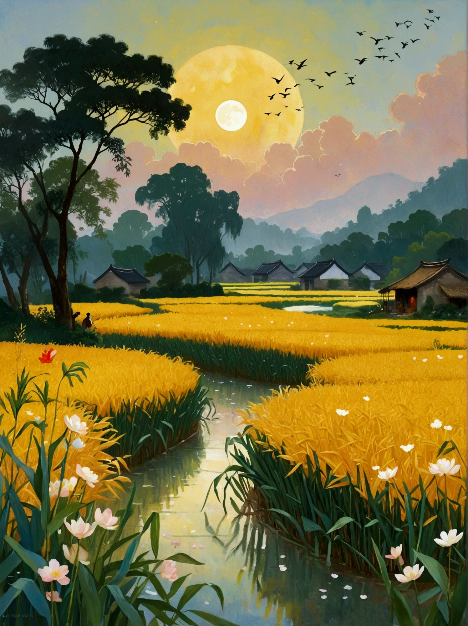 Canvas Illustration，Etienne Adolphe Piaud, Etienne Adolphe Piot，English Pre-Raphaelite painter，Pre-Raphaelite Brotherhood, ink style, masterpiece, Fantasy Garden，Aesthetic healing，moon，Star，Beautiful and poetic，Minimalism平面插画，Jiangnan countryside in summer，When you walk into this rice field，It&#39;s like being in a surreal dream。What unfolds before your eyes is a vast rice field，Golden rice swaying in the wind，The sun shines on it，Let the whole rice field shine with warm light。Rows of colorful wildflowers grow at the edge of a rice field，They sway gently in the breeze，Like dancing gracefully。Standing on the edge of a rice field，You can see flocks of birds singing happily in the wheat fields.，Their chirping blends in with the melodious sound of the wind in the rice fields.，It forms a wonderful natural symphony。Occasionally a bird flies up，Cut through the sky，Leaving beautiful curves，It seems to depict an unparalleled picture of the sky.。There is a clear stream flowing through the rice fields.，the river is crystal clear，Reflecting the blue sky, white clouds and surrounding scenery，Like a living mirror。The river flows slowly，Makes the water sound sweet，It&#39;s like nature composed a beautiful music for them.，Dynamic，Hazy feeling，Layering，Has a stunning visual effect，Fascinating lighting，Bright and vivid colors，Chiaroscuro，Flat，Minimalism，high quality，High Detail，HD晰，masterpiece，masterpiece，The painting style is meticulous，Refreshing colors，HD，in the style of Pre-Raphaelite Brotherhood