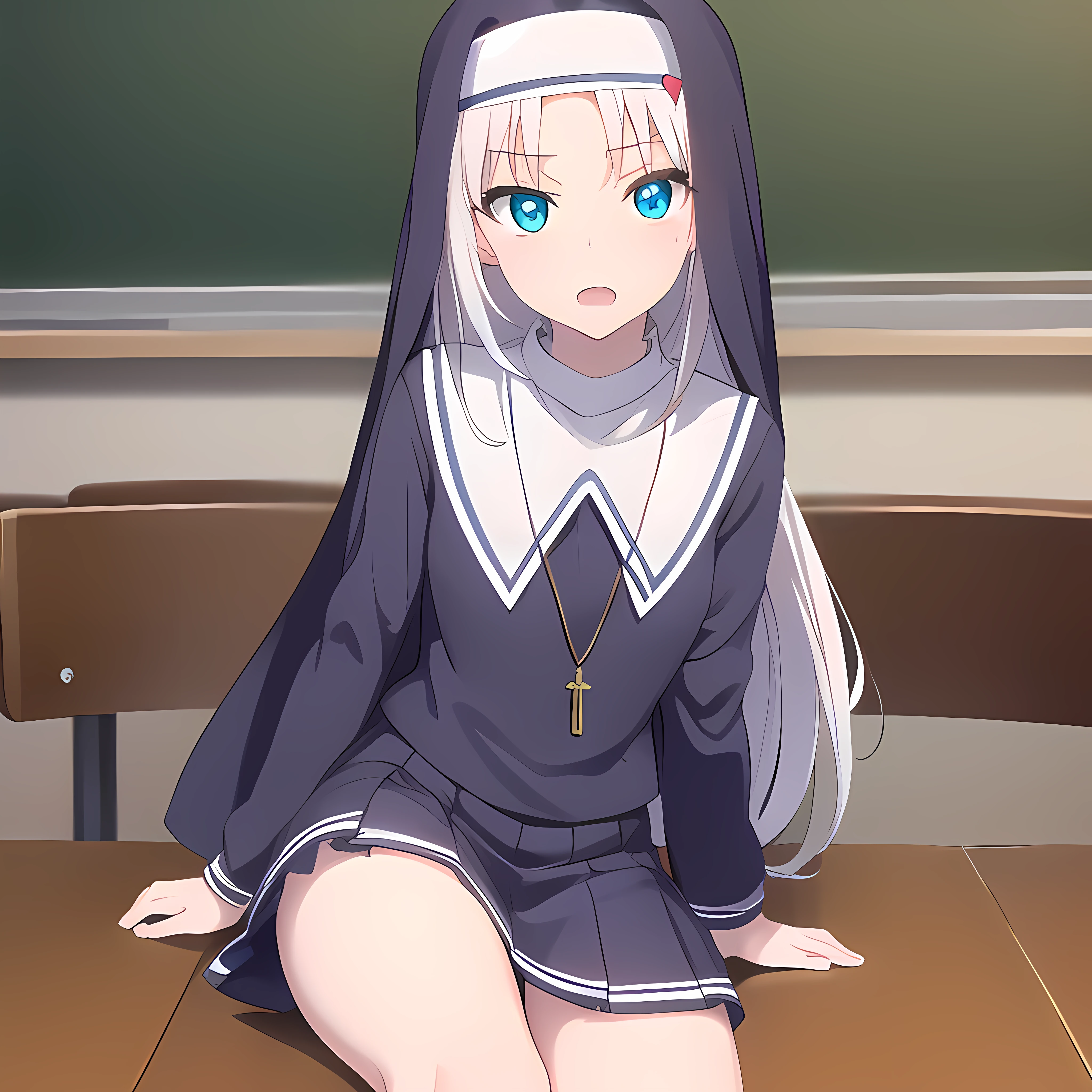 mariatakayama, maria takayama, long hair, blue eyes, fang, aqua eyes,
BREAK jewelry, heart, necklace, nun, habit, white short skirt, mid thigh stockings
BREAK indoors, classroom, seated on desk
BREAK (masterpiece:1.2), best quality, high resolution, unity 8k wallpaper, (illustration:0.8), (beautiful detailed eyes:1.6), extremely detailed face, perfect lighting, extremely detailed CG, (perfect hands, perfect anatomy)