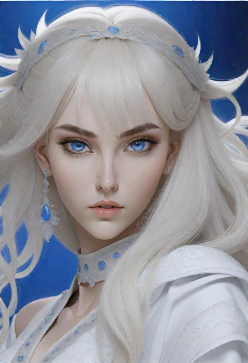 Platinum blonde woman, uhd, high details, best quality, goddess (Close-up of a better masterpiece:1.5), (blue eyes:1.2) (Colored stars in the eyes:1.0) (A radiant glow:1.1) (thick lips:0.9), (masterpiece:1.2), (best quality:1.2), (very aesthetic:1.2), (absurdres:1.2), (detailed background),(detailed face:1.1), (perfect hands:1.1), (defined features:1.1), delicate beauty with extreme edge lighting, all rendered in a vibrant 8K style, fine art, surreal fantasy,