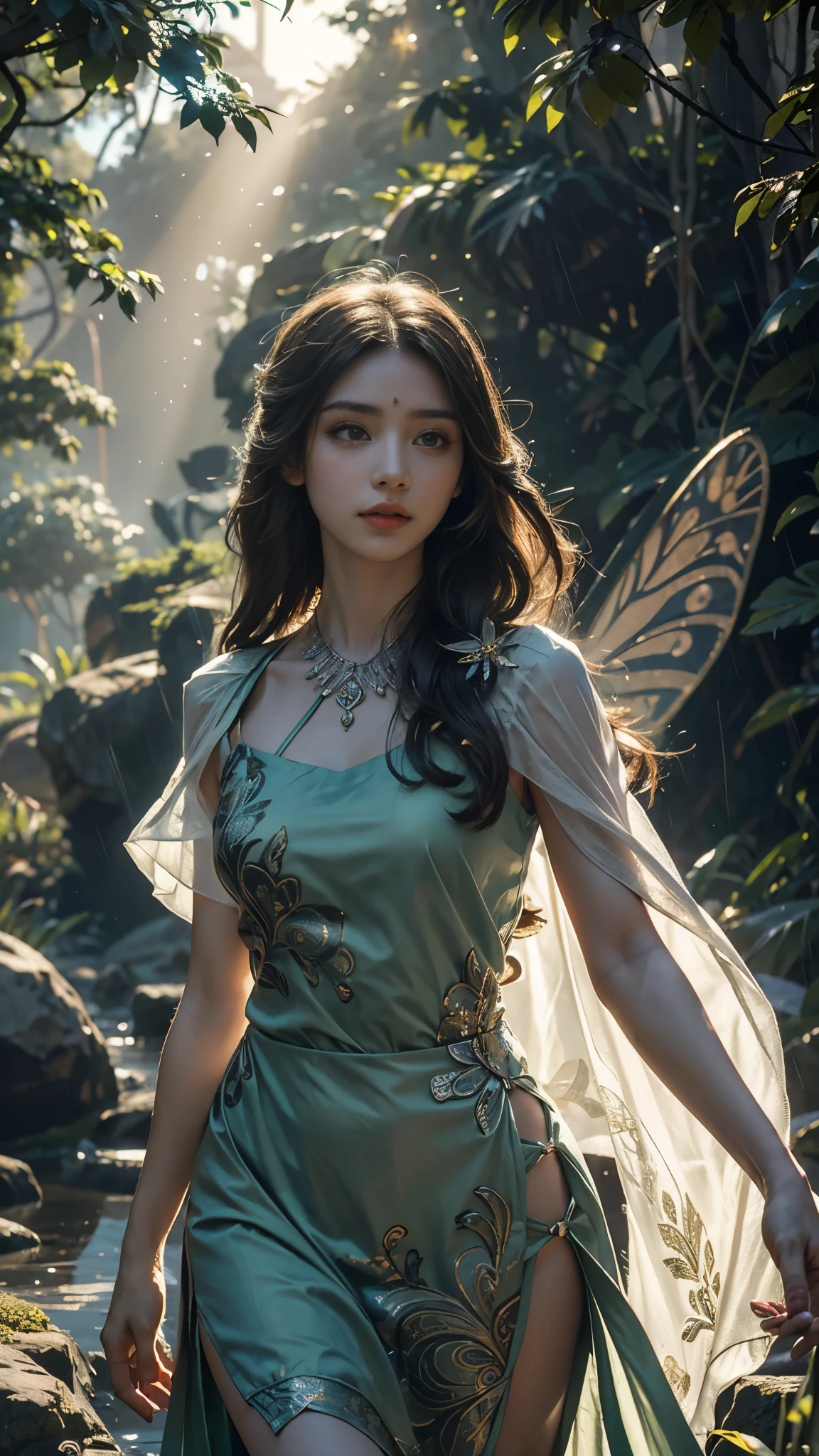 4K, UHD, Masterpiece, 1 girl, good face, detailed eyes, ((very long hair)), bridal hairstyle, butterfly on hair, ornaments, crystal ornaments, jwellery, block print dress, ((green dress)), very detailed dress, strap dress, flowing cape, mesh stocking, cinematic unreal scenery, legendary scenery, rainy weather, wet ground, depth of field, ray tracing, bloom, god rays, lens flare, sun flare, cinematic pose, aitting,