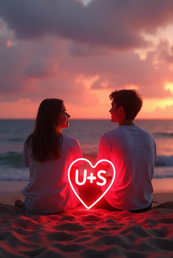 Two girl and boy sitting on the beach, looking at a heart-shaped neon sign with the letters \"U+S\" in it.