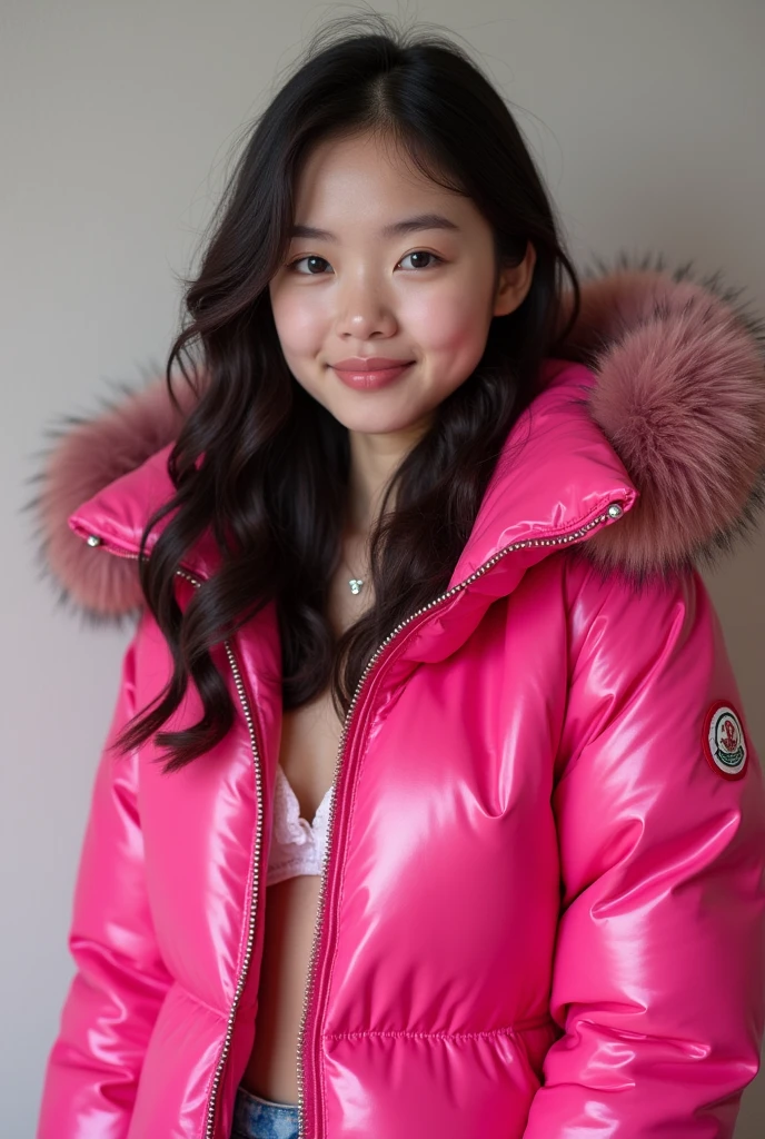 cute 16 year old Chinese woman,wearing a very large tight hot pink shiny puffer coat, thick eyebrows, photorealistic, masterpiece, moncler, fluffy fur hood, , wavy hair, large breasts, silk bra, open coat,