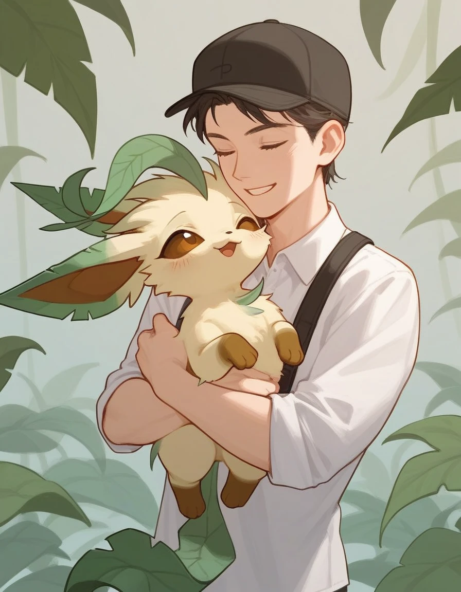 score_9,score_8_up,score_7_up, feral leafeon, happy, carried in arms of a human.