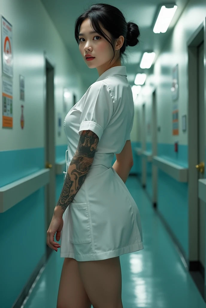 Korean women,Beautiful,40 years old,thick bodied,tattooed white skin,big chested,big ass,thick thighs,seductive smile expression,black hair color in bun,brown eye color,dressed as a nurse,full body photo distance,dynamic point of view,wide open legs model pose,hospital room location,dim light,photo realism style