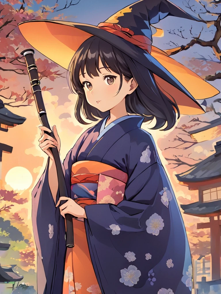 Japanese woman wearing kimono, witch, cartoon, holding pipe, Japanese environment background