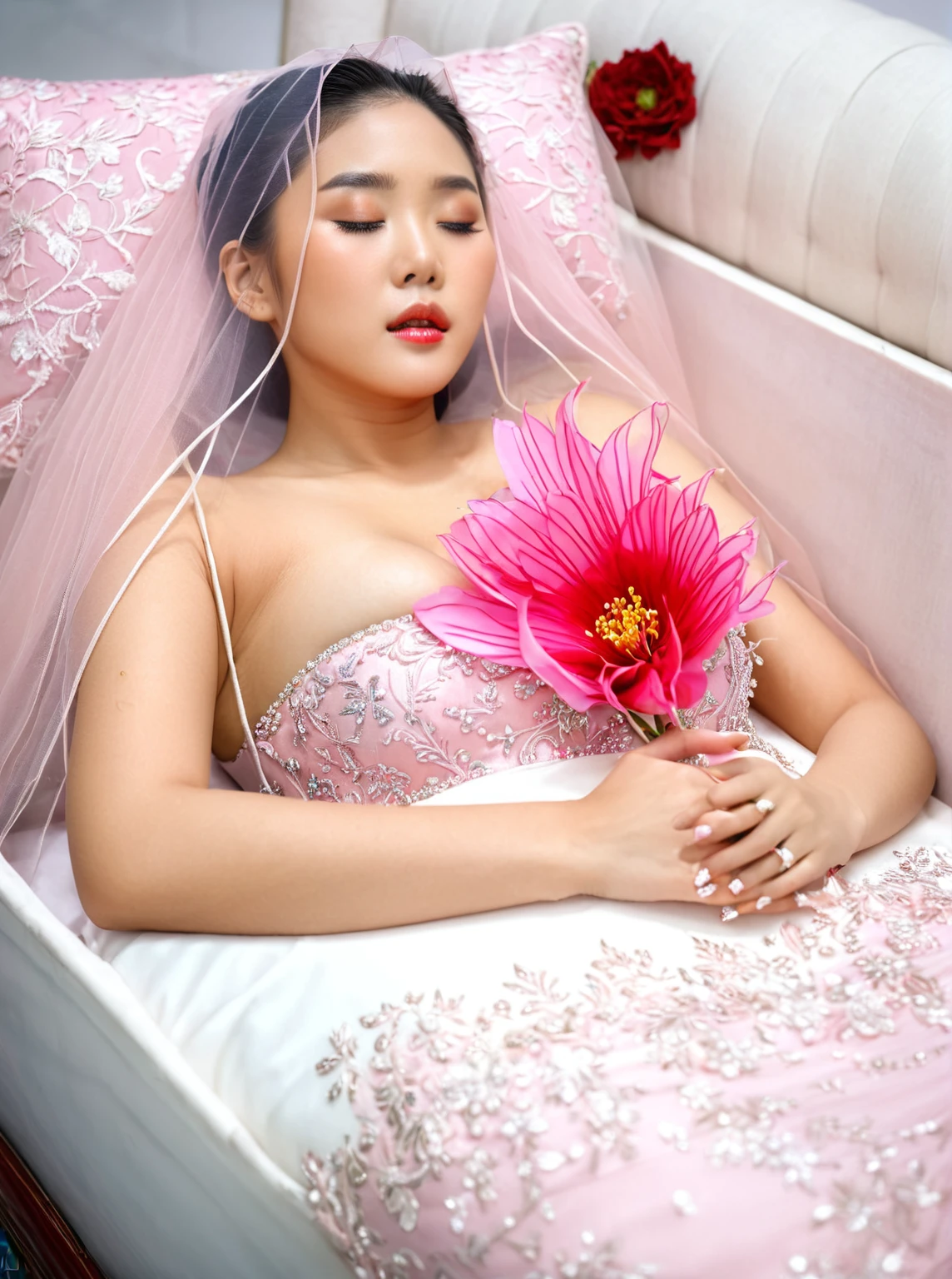 In a striking 8K HDR scene, a stunning Korean woman, 22 years old, lies peacefully in a coffin and coffin cover surrounded by plush pillows behind head. The deep box is set against a rich white background, accentuating the beauty of the subject. Her exquisite deep-V neckline kebaya attire is embroidered with superb detail, showcasing her round and firm breasts, perfect cleavage, and beautiful eyebrows. Her closed eyes and mouth give an air of serenity, while her visible and absolute cleavage leave nothing to imagination. The scene is bathed in saturated colors, highlighting every intricate aspect from the ball skirt to her clean face, straight body, detailed hand perfect hands, straight body, own hands together, own hand on stomach, detailed hands, perfect hands, holding the flowers, wearing high heels