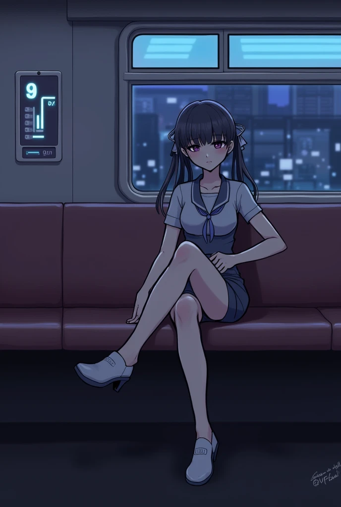 score_9, score_8_up, score_7_up, score_6_up, HRMN, detailed drawing, 1girl, flat chest, skinny, cute face, (tight fit), sitting on train, late evening, twin tails haircut, crossing legs, tight skirt, NEOST, low key, dark theme, neon lights