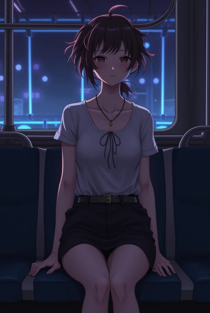 score_9, score_8_up, score_7_up, score_6_up, HRMN, detailed drawing, 1girl, flat chest, skinny, cute face, (tight fit), sitting on train, late evening, twin tails haircut, crossing legs, tight skirt, NEOST, low key, dark theme, neon lights