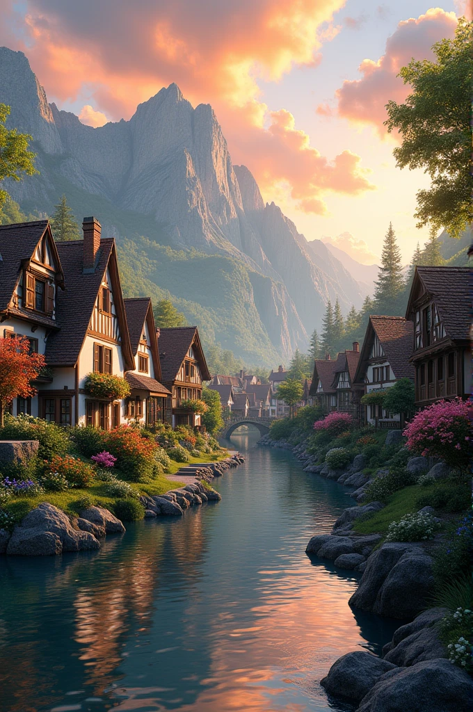 a small village by the river, mountains in the background, floral flowers colorful, detailed landscape, Beautiful natural landscapes, atmospheric lighting, scorching sunset, warm colours, practical, photopractical, Detailed Foliage, complex buildings, cobblestone street, Charming country house, swirly vibrant colors, lush vegetation, Still water reflections, Picturesque, idyllic, work of art, best qualityer, 8k, extremely detaild,anime styling