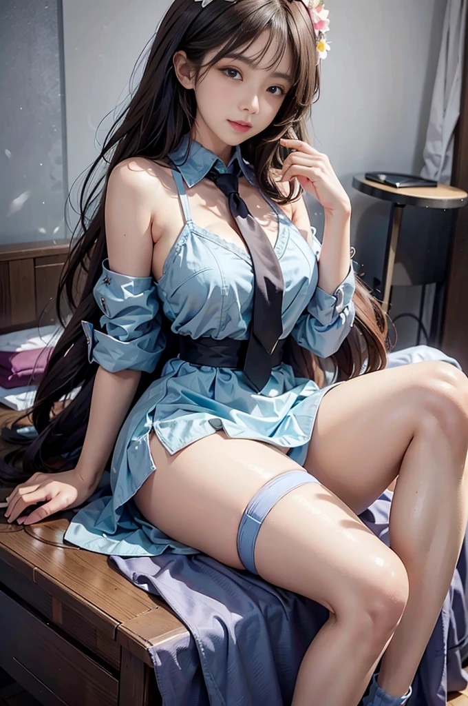 miku outfit
sleeveless shirt, grey shirt, detached sleeves, necktie, arm tattoo, skirt, thighhighs, thigh boots,, (best quality, masterpiece:1.2), tianfeng1, Extremely detailed, (Practical:1.37), beautiful, youth, Glamorous model, Warm colors, ((A full body perspective,Naturally bent knees,Skin is firm and smooth)), ((In the old-fashioned room,Sit on the edge of the bed,Lean back,Support your body with your elbows)), ((Elegant and natural posture)), (big eyes, Delicate eyes, Delicate lips, Delicate eyes), Available in white with floral pattern, Show a bright smile, fit, Full breasts, ((Big breasts)), Long legs, Create a stunning picture of a girl enjoying her sleep