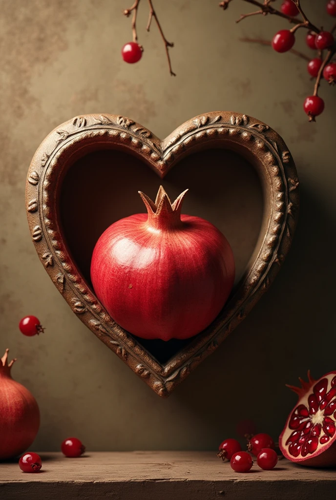 Pomegranate and heart shaped frame with sepia background