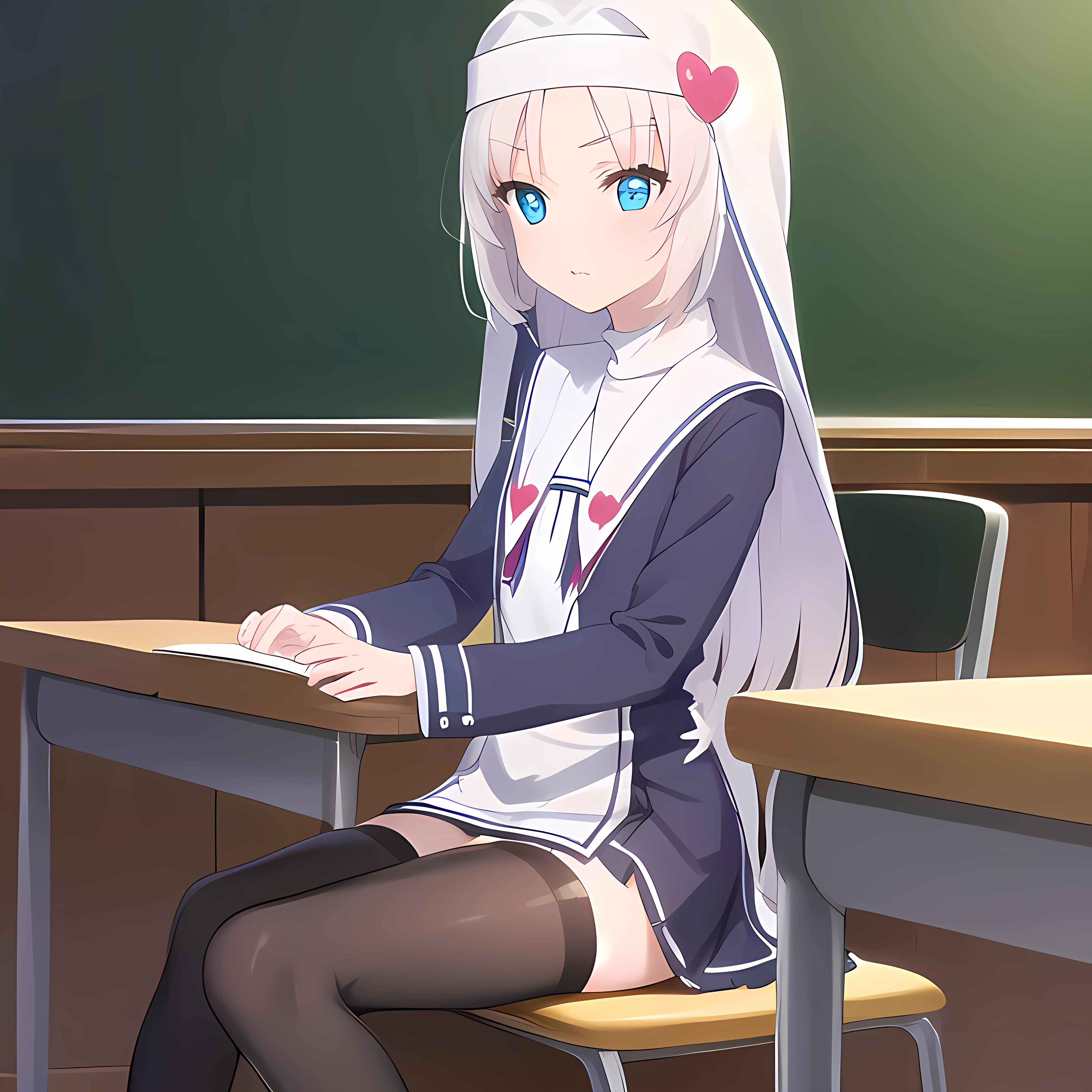 mariatakayama, maria takayama, long hair, blue eyes, fang, aqua eyes,
BREAK jewelry, heart, necklace, nun, habit, white short skirt, mid thigh stockings
BREAK indoors, classroom, seated on desk
BREAK (masterpiece:1.2), best quality, high resolution, unity 8k wallpaper, (illustration:0.8), (beautiful detailed eyes:1.6), extremely detailed face, perfect lighting, extremely detailed CG, (perfect hands, perfect anatomy)