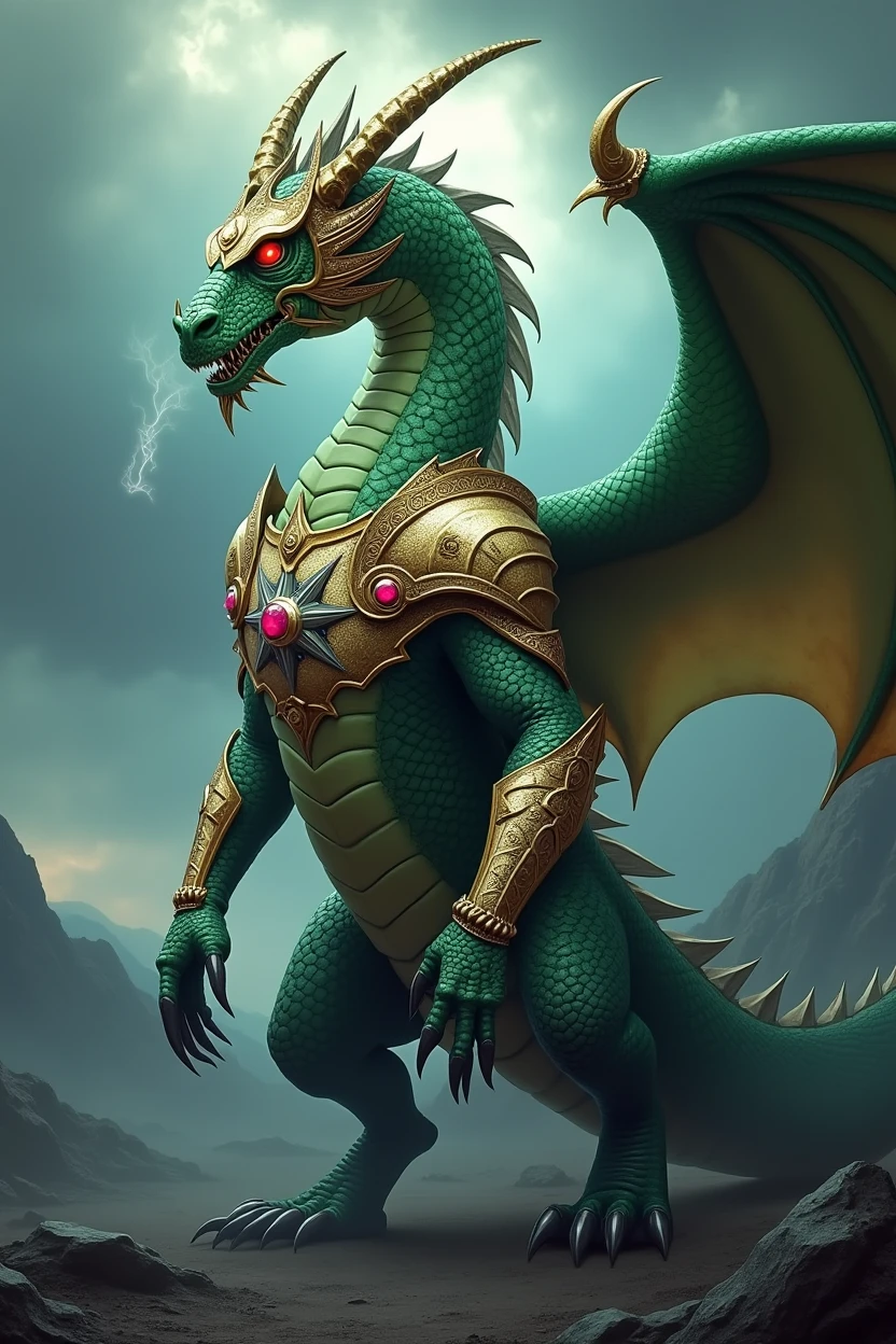 An imposing dragon with emerald scales and intricate armor made of gold and silver, adorned with arcane symbols. The armor covers its body, wings, and tail, with a helmet featuring curved horns and glowing ruby eyes. Its claws are sharp and coated in black steel, and its mouth emits a faint smoke. The dragon stands in a dark landscape with distant mountains and a stormy sky lit by occasional lightning